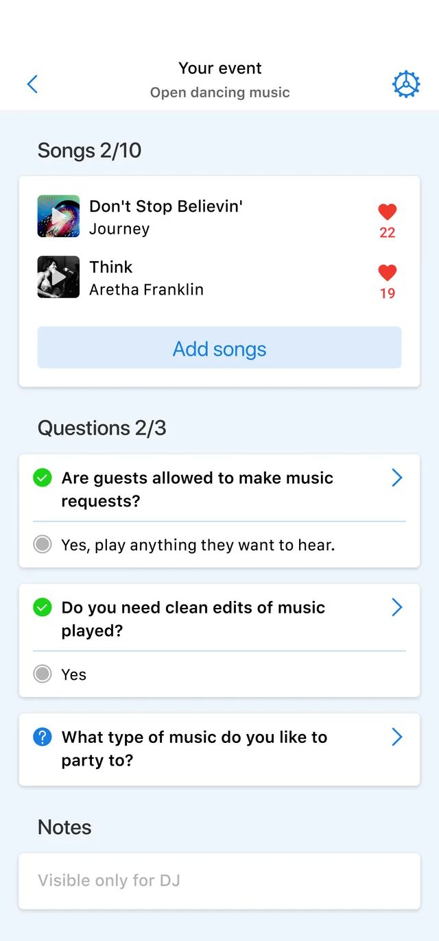 The app section screen showing songs, planning questions with answers, and a notes field visible only to the DJ