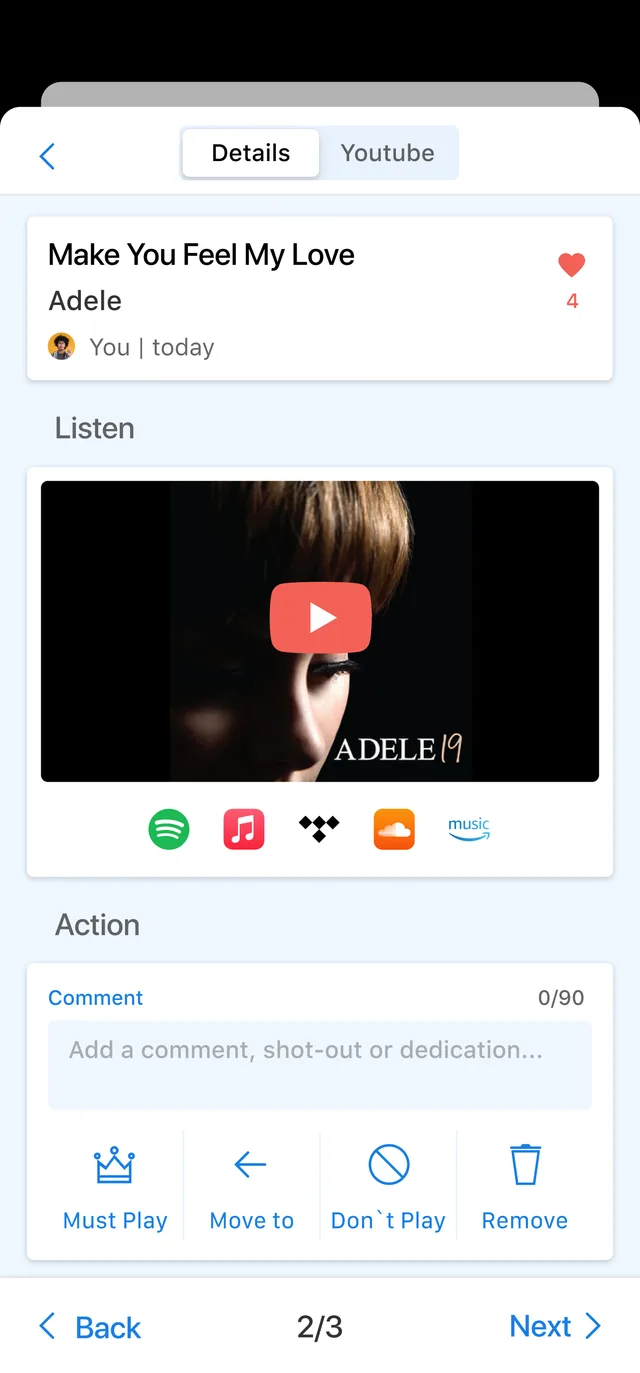 A single song in the app with preview links, a comment box, and buttons to mark it must play or do not play