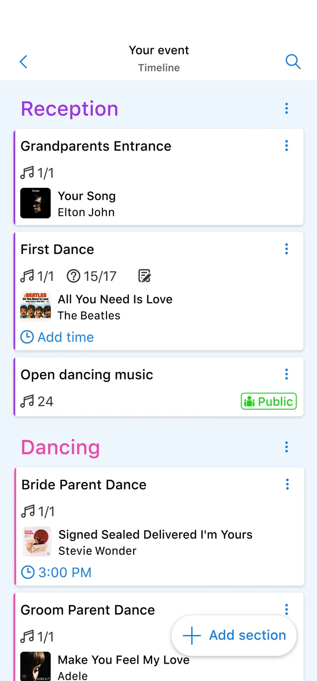 The app timeline screen, showing the running order of a wedding reception